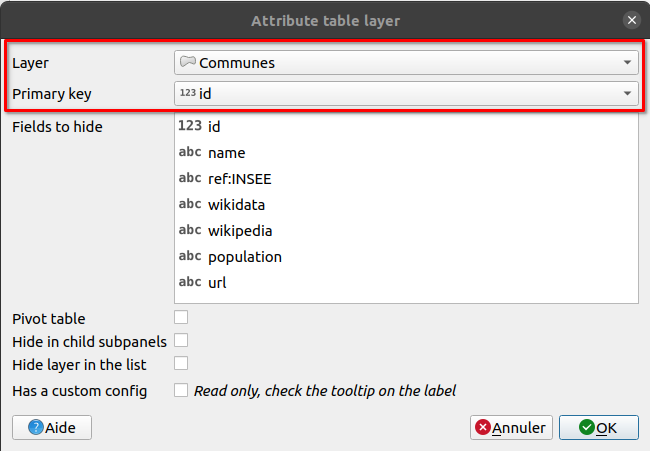 Lizmap attribute table